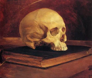 ヴァニタスの静物画。書物の上の頭蓋骨